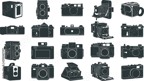 Vintage Camera Icon Set Featuring Antique Film Cameras Rangefinder Twin Lens Reflex Large Format Slr and Retro Photography Vector Illustrations