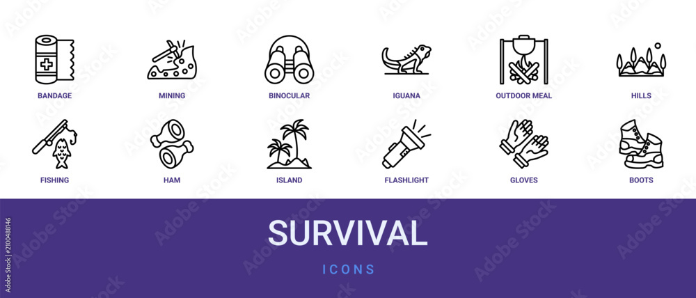 Fototapeta premium Set of 12 outline web Survival icons such as boots, gloves, flashlight, island, ham, fishing, hills vector icons for report, presentation, diagram, web design, mobile app