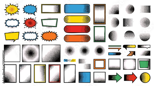 Dynamic Retro Design Elements: A vibrant collection of hand-drawn comic speech bubbles, banners, geometric shapes, and arrow pointers, rendered in a classic textured halftoning screen style.