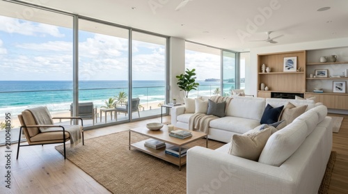 A modern living room overlooking a beach with a white sofa adorned with plush pillows.