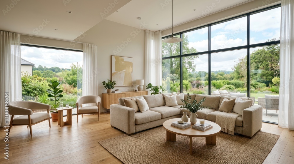 Fototapeta premium A modern living room with large windows showcasing a serene outdoor view.