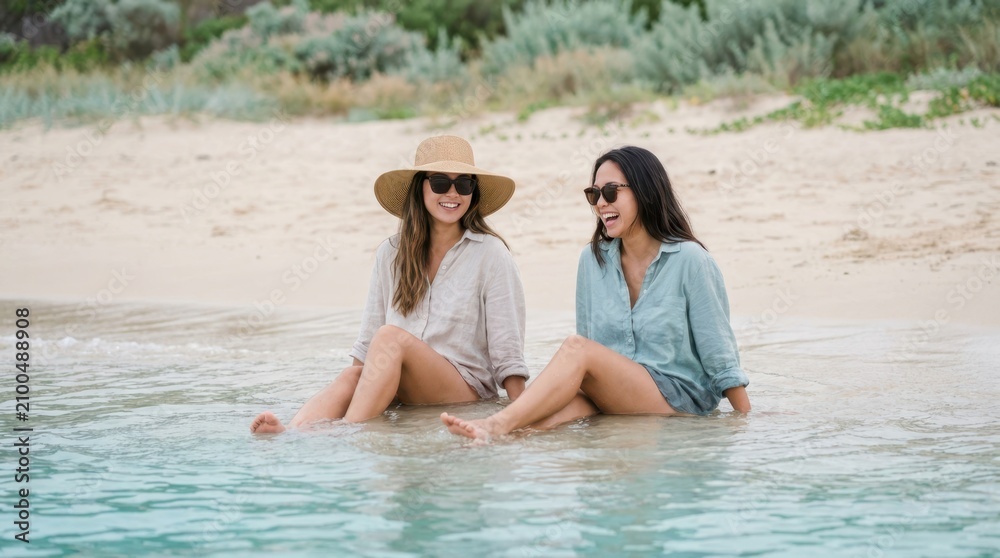 Fototapeta premium Two young women enjoying a sunny day sitting in the ocean water at the beach