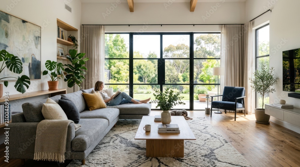 Fototapeta premium A cozy living room with large windows showcasing a serene outdoor view.
