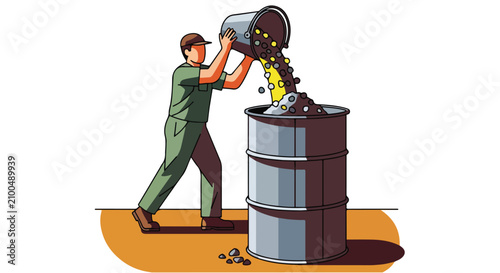 Worker pouring contents from a bucket into a large barrel