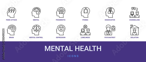 Cuadro en lienzo Set of 12 outline web Mental Health icons such as isolation, psychiatrist, lonel