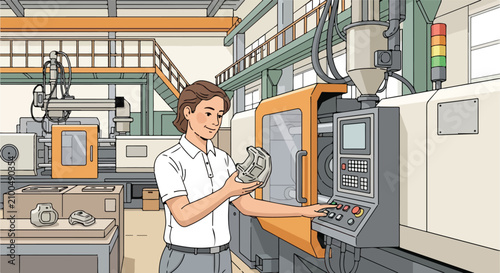 Worker inspecting manufactured part next to plastic injection molding machine in factory