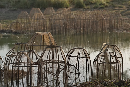 East Africa, Chad. View of countless fish traps made of thin tree branches along the shores of a small lake.