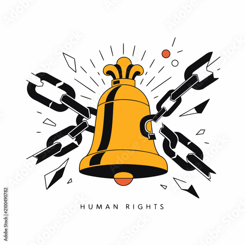 A golden bell surrounded by broken chains and shards on a white background, human rights concept de