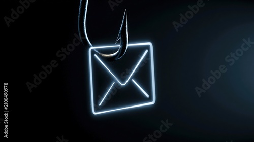 Fishing hook caught on a glowing email icon representing online phishing scams.