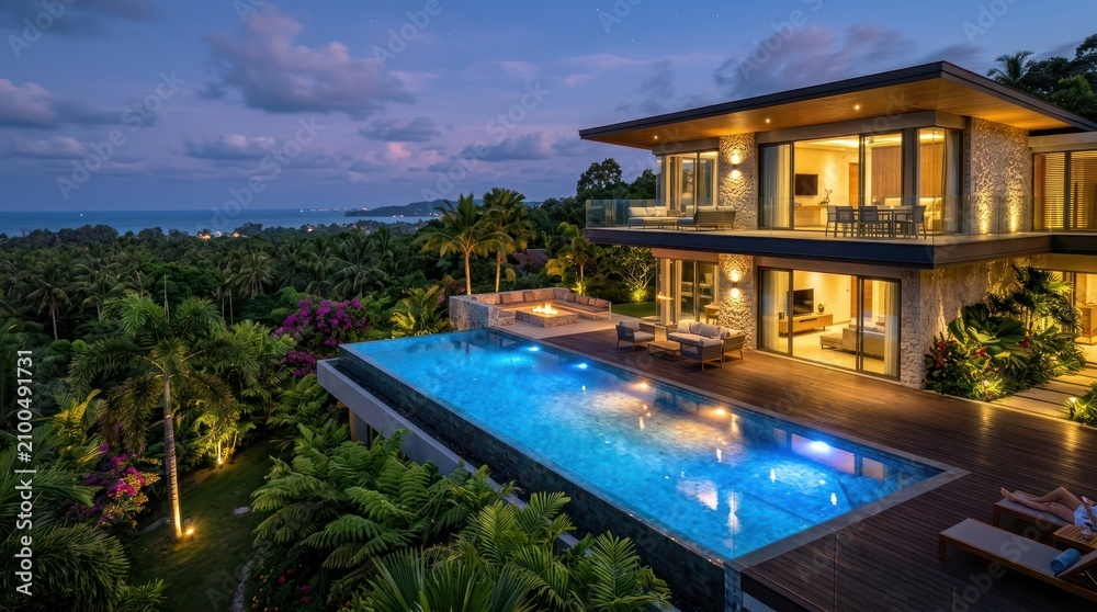 Fototapeta premium A luxurious rooftop pool at dusk, surrounded by lush tropical vegetation,