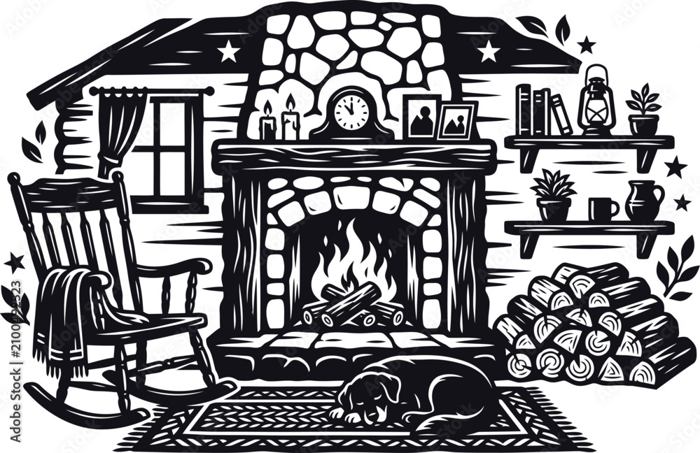 Fototapeta premium Cozy cabin interior with fireplace rocking chair and sleeping dog