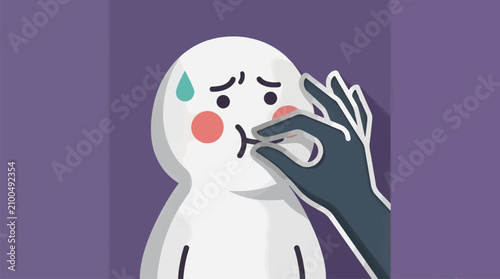 Tableau sur toile Worried White Blob Character with Rosy Cheeks and Sweat Drop, Dark Hand Pinching