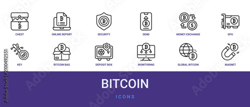 Set of 12 outline web Bitcoin icons such as magnet, global from bitcoin collection. Thin such as network, communication. for use on web and mobile apps, logo, print media., monitoring, deposit box,