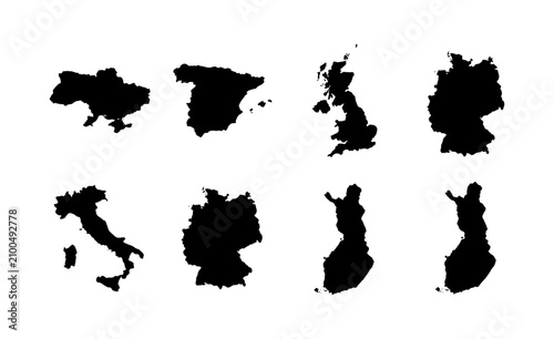 European Country Silhouettes Collection: Ukraine, Spain, UK, Germany, Italy, Finland Maps, Vector Graphics for Global Travel and Geography