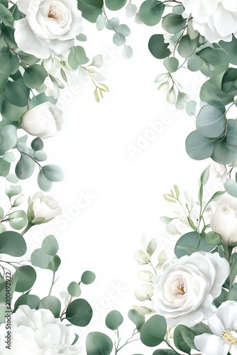 Elegant floral border featuring white roses and lush green eucalyptus leaves, ideal for invitations or decorations.