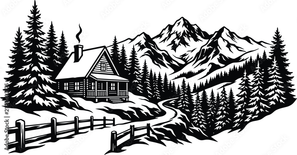 Fototapeta premium Cozy mountain cabin in snowy forest landscape