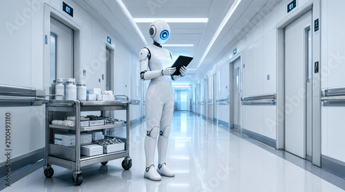 Robot, humanoid robot, medical robot, hospital, healthcare, futuristic, white robot, standing, holding tablet, medical supplies cart