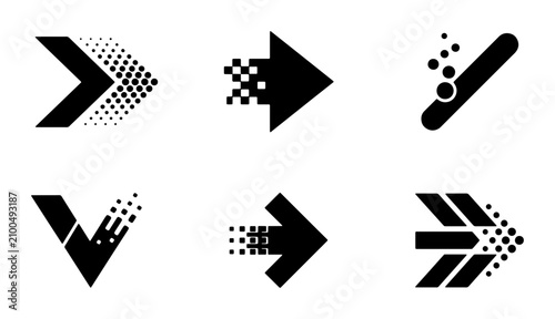 Modern Black Arrows Set, Pixelated and Dotted Effects, Vector Icons for Navigation and Directional Graphics, Digital Design Elements
