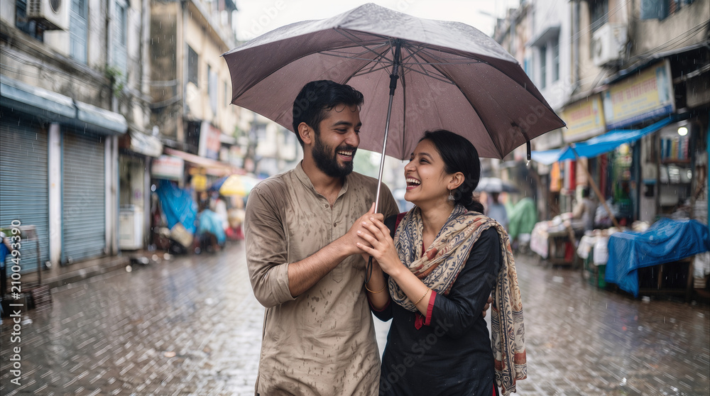Fototapeta premium South Asian couple laughing together while walking under umbrella on rainy street in traditional market district.