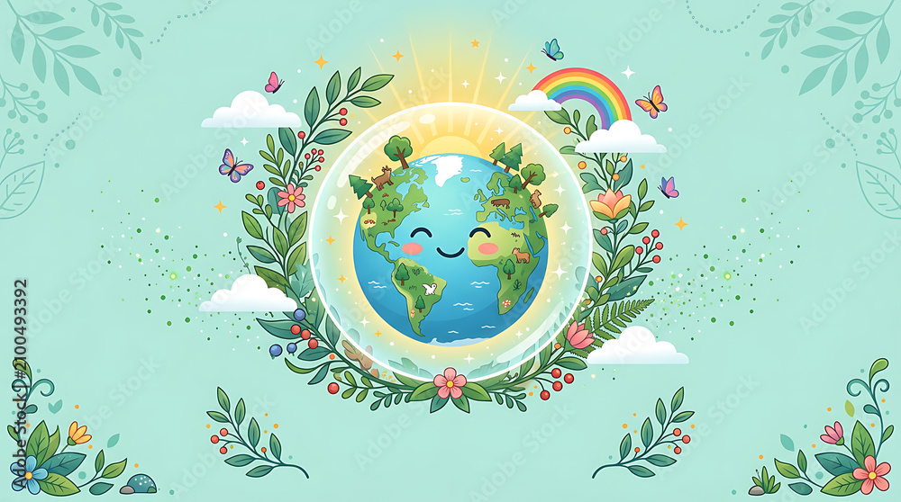 Obraz premium Cute Smiling Earth Globe Illustration for Earth Day Concept