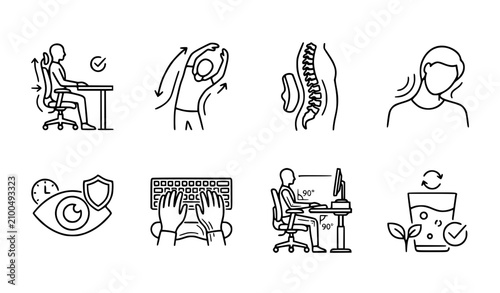Office Ergonomics and Syndrome Line Icon Collection Vector