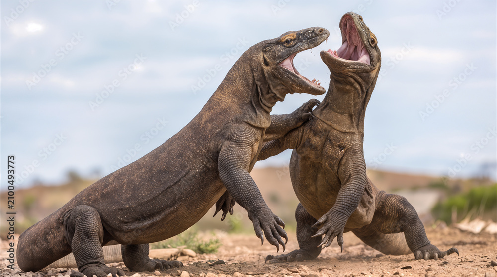 Fototapeta premium Two Komodo dragons wrestling on hind legs in arid wilderness. Aggressive reptiles fighting for dominance in rocky landscape.