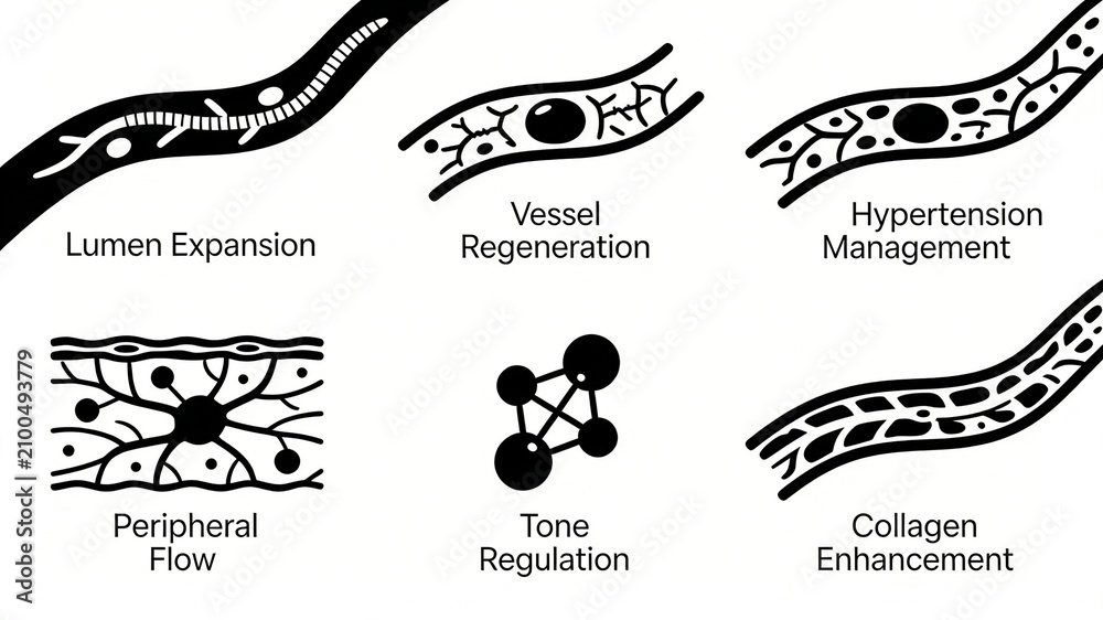 Fototapeta premium Unified layout of vascular deep repair icons, widening the lumen of blood vessels, regenerating vascular tissue, regulating blood pressure, increasing collagen, and stabilizing vascular status 