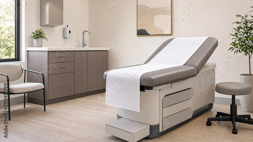 Modern medical examination room with exam table in private clinic