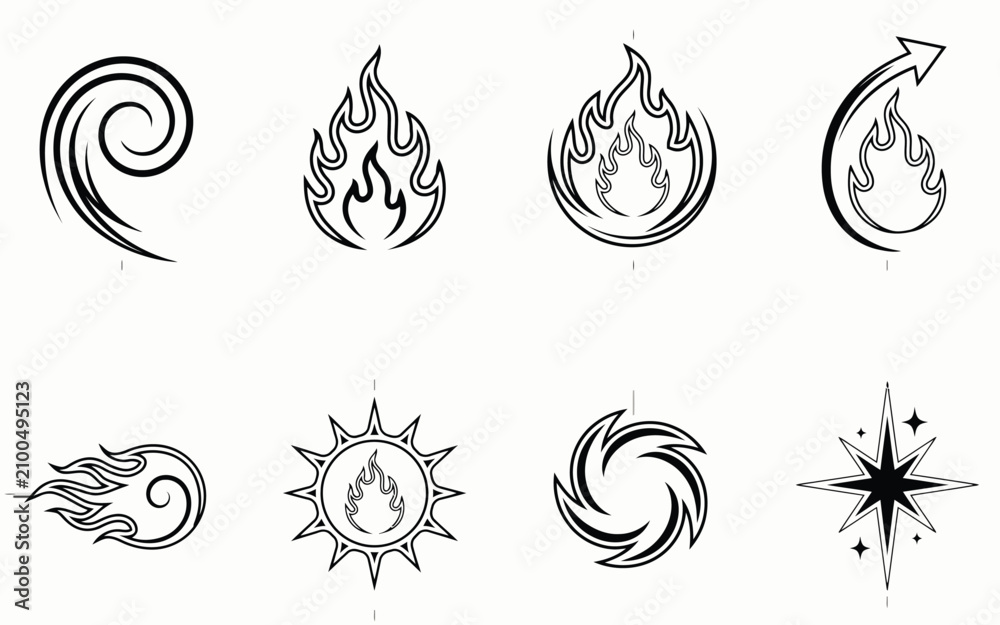 Fototapeta premium Set of thin line abstract fire, elemental, and celestial icons featuring various flame shapes, swirling energy patterns, and stylized star bursts for dynamic design projects.