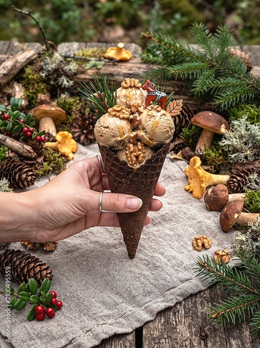 Hand Holding Walnut Ice Cream Cone in Rustic Forest Setting With Pine and Mushrooms