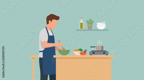 Tableau sur toile Man cooking in a kitchen, preparing a healthy meal with fresh ingredients
