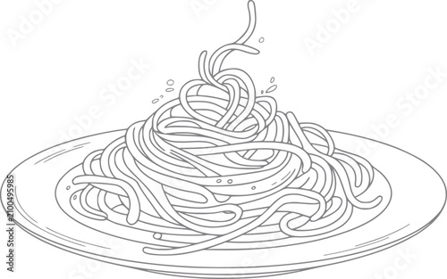 Schilderij op canvas 丸い皿に盛られた美味しそうなスパゲッティパスタのシンプルな白黒の線画