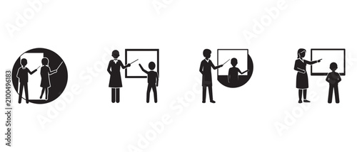 people giving presentations to each other or standing near whiteboards on white background  teaching and learning concepts