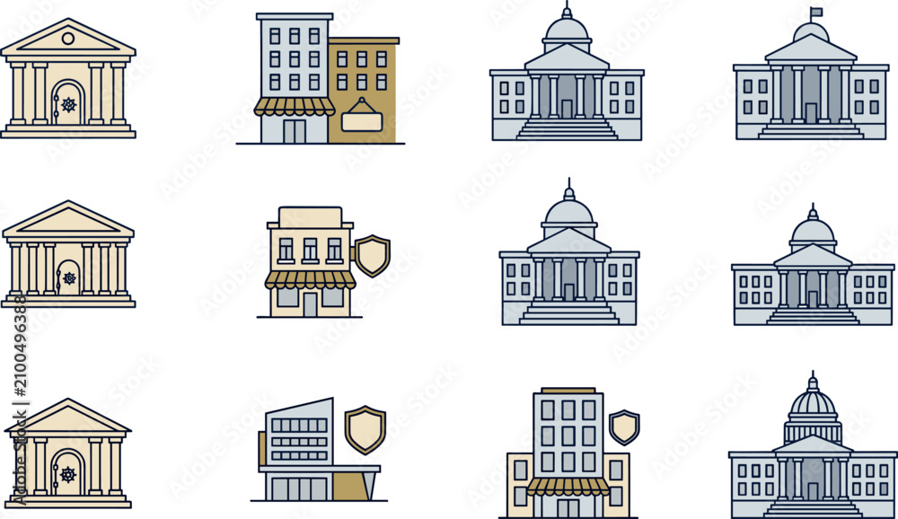 Fototapeta premium Government, bank, and commercial real estate building line icons collection featuring city hall, university, shop, courthouse, and commercial property shield protection vector set.