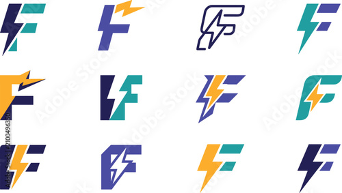 Fotografie Letter F lightning bolt logo design collection featuring dynamic electric power concepts, charging fast energy typography elements, and flash thunderbolt initials vector set