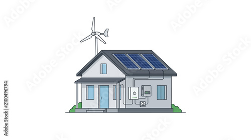 Eco-friendly house with solar panels and wind turbine, sustainable energy concept