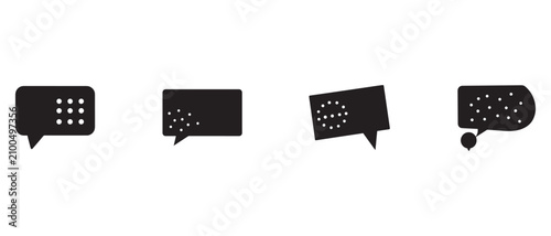 Braille speech bubbles icons set for accessibility communication  various black shapes with white dots on white background