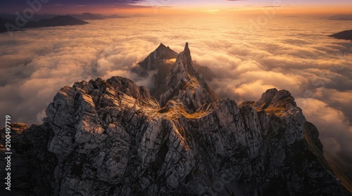 Majestic Mountain Ridges Piercing Through Heavy Evening Fog