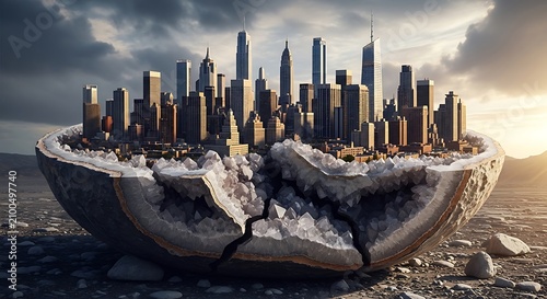 Giant sea turtle swimming near futuristic city skyline.