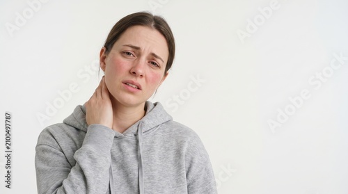 Young woman experiencing neck pain or sore throat, touching her discomforted neck with a pained expression, highlighting general illness or stress