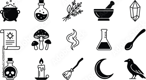 Konstfotografi Witchcraft wizardry icon set potions herbs and mystical elements