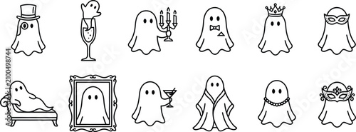 Ghost character set halloween icons with various costumes and props