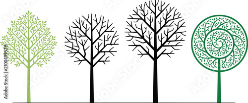 Abstract vector set of stylized geometric trees including linear silhouettes and leafy spiral designs isolated on a white background,