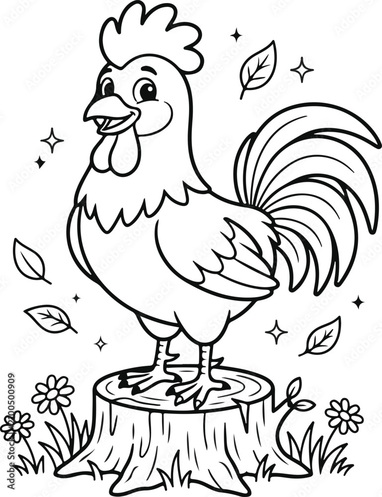 Fototapeta premium A cheerful cartoon rooster standing on a tree stump surrounded by flowers and leaves.