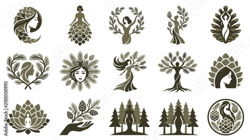 Принти на полотні Tree Woman Nature Icons Set.