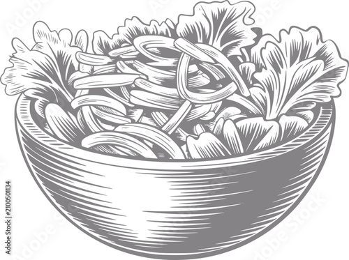 Konstfotografi 素朴な木製のボウルに盛られた新鮮な野菜サラダの詳細なヴィンテージ風木版画