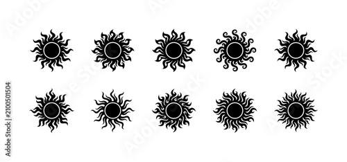 Vászonkép Sun symbol icon set, variety of tribal suns with decorative rays and swirls