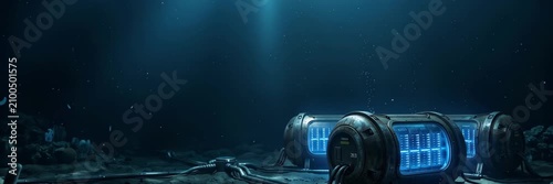 Submerged server modules rest on the deep ocean floor under filtered blue light, animated website banner with a place for text