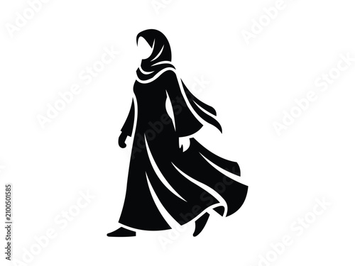 Фотография Muslim woman silhouette walking, wearing a flowing abaya and hijab, representing Islamic fashion and culture