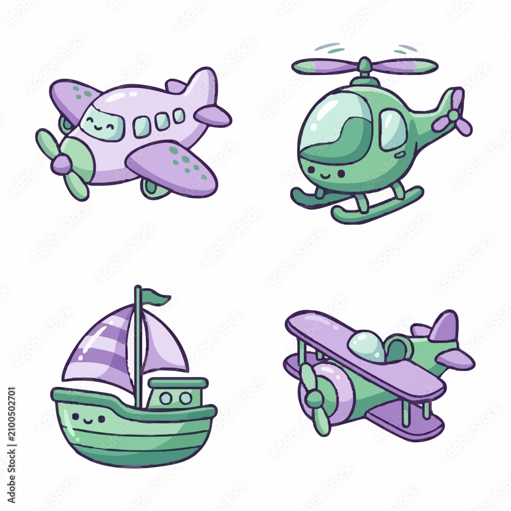 Obraz premium Cute Kawaii Transport Vehicle Set with Airplane Helicopter and Boat Cartoon Illustrations